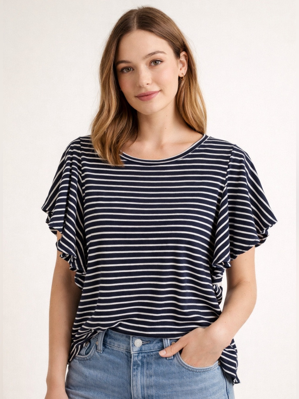 💙 GAP XS Navy White Stripe Butterfly Sleeve Top Coastal Preppy Y2K Cottagecore